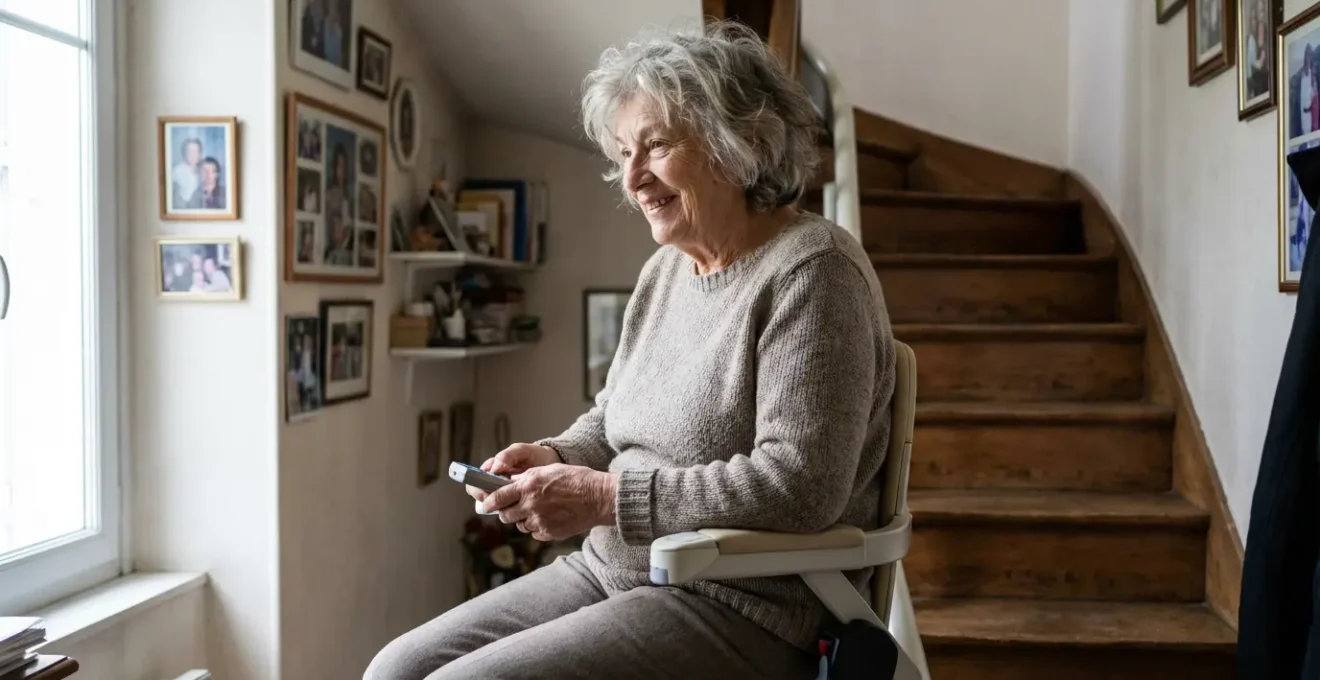 Senior utilisant un monte-escalier pour retrouver son autonomie à domicile