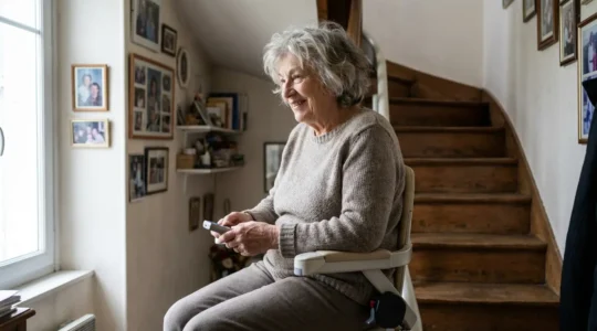 Senior utilisant un monte-escalier pour retrouver son autonomie à domicile