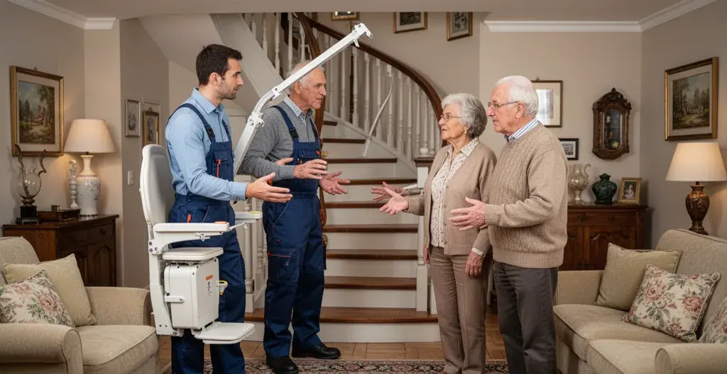 Professionnel expliquant les solutions d'accessibilité à un couple senior